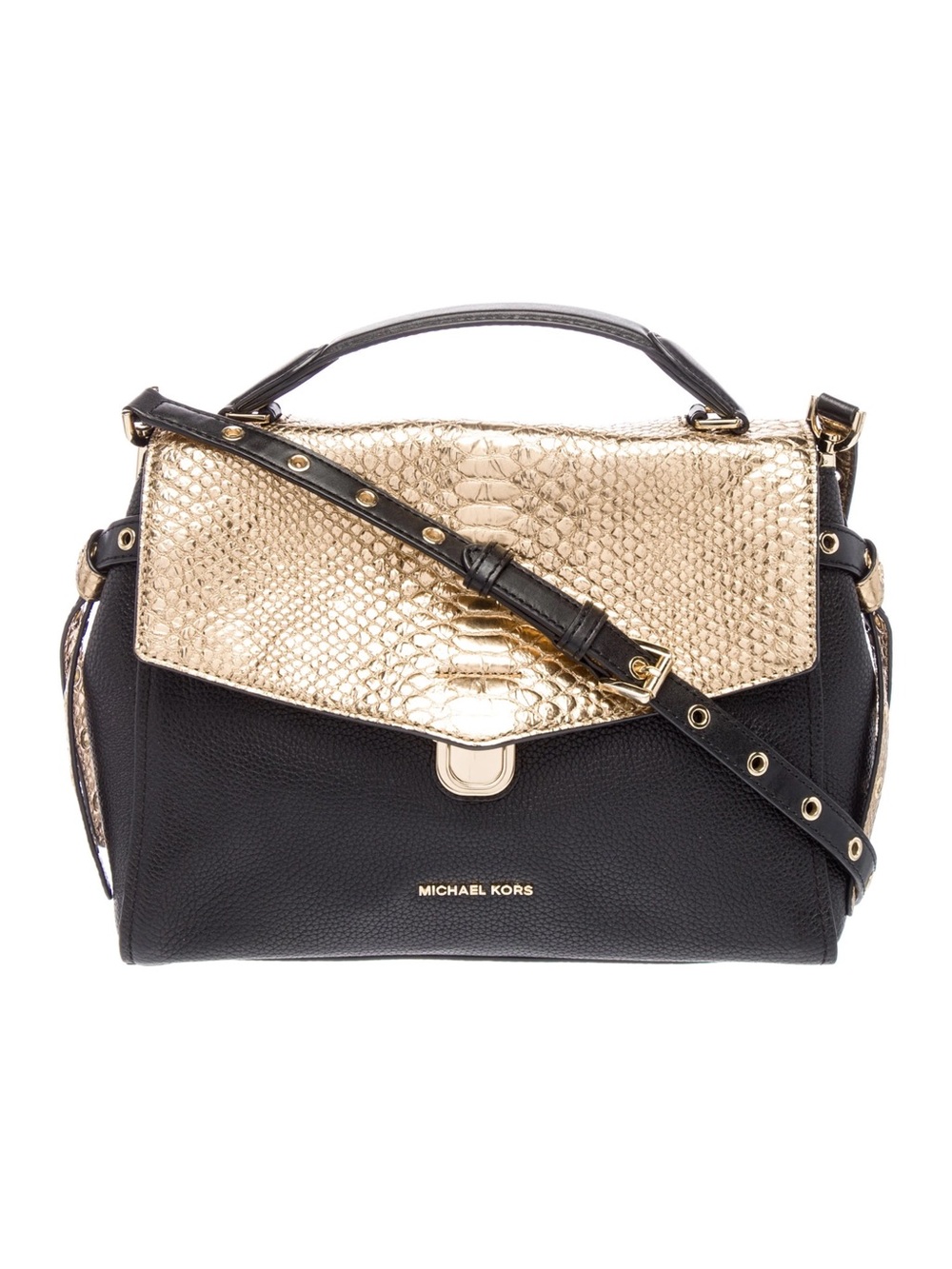 Michael Kors Bristol medium metallic snake-embossed leather satchel in black